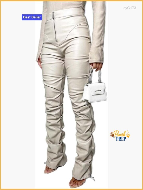 Pants - High Waist Faux Leather Pleated Stacked Leggings Y2K Streetwear Pants